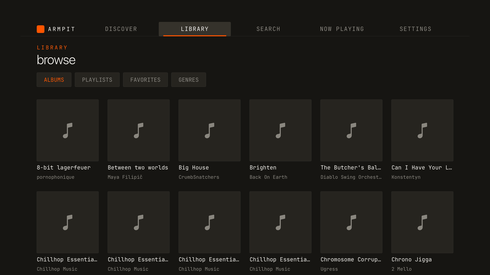 Armpit on Apple TV: library browse grid with albums, playlists, favorites, and genres